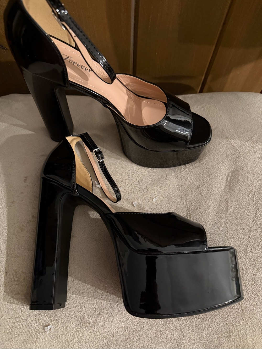 Forever 21 Black Patent Platform Ankle-Strap Chunky High Heels Size 10 - Picture 4 of 10